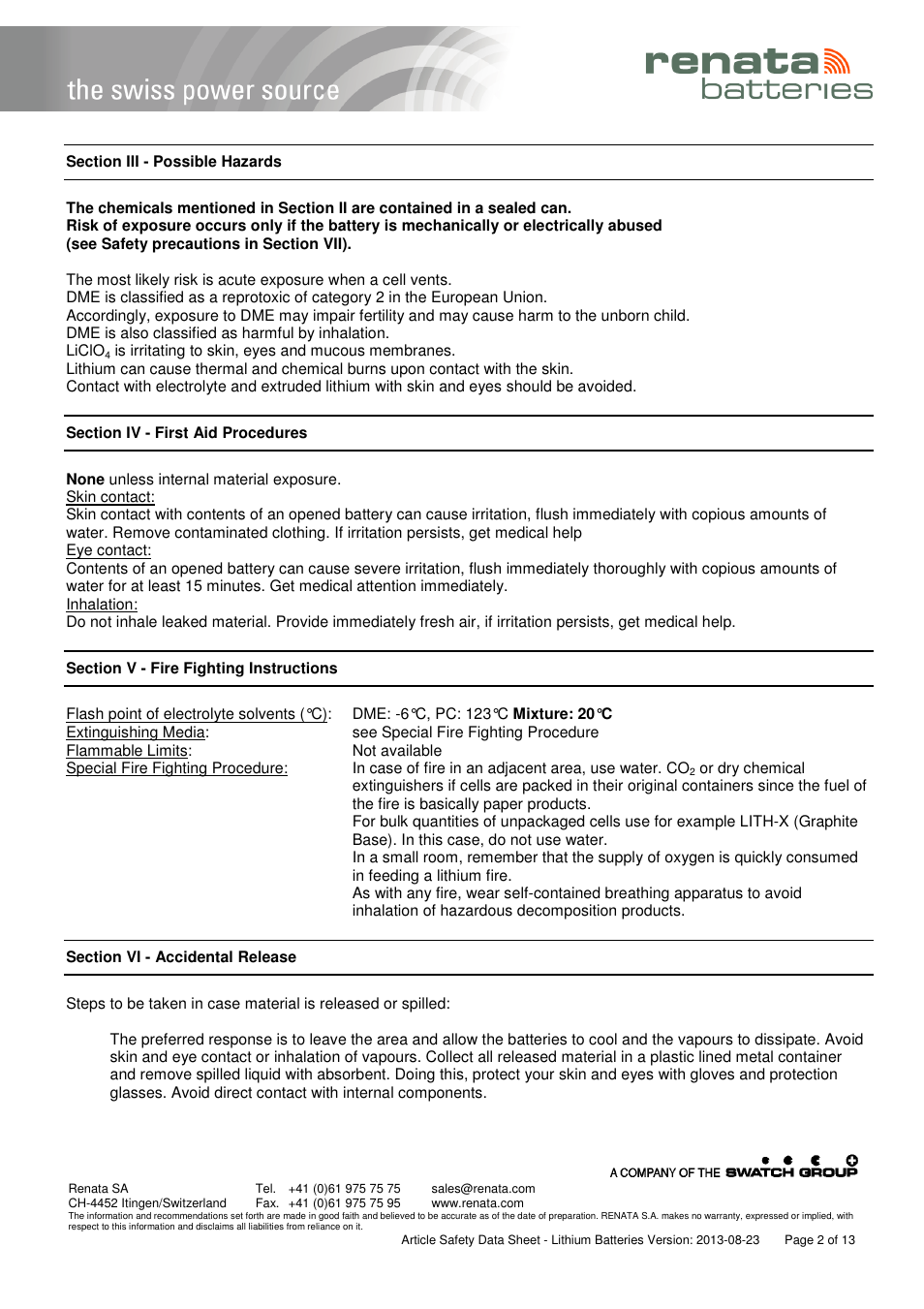 Renata SA Article Safety Datasheet 3V Lithium User Manual | Page 2 / 13
