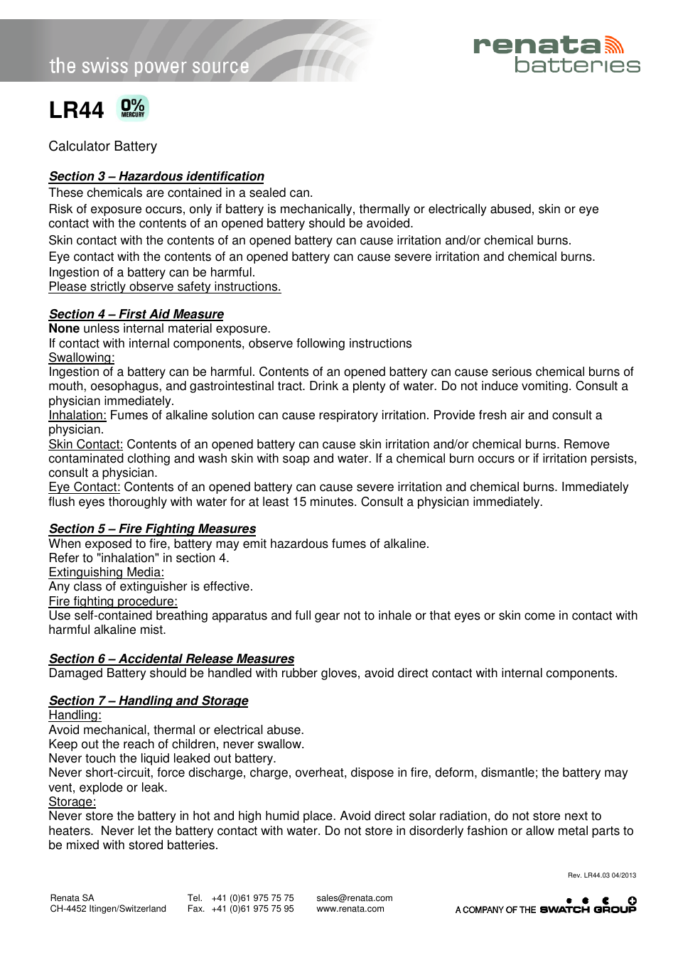 Lr44 | Renata SA Product Safety Datasheet Alkaline User Manual | Page 2 / 4