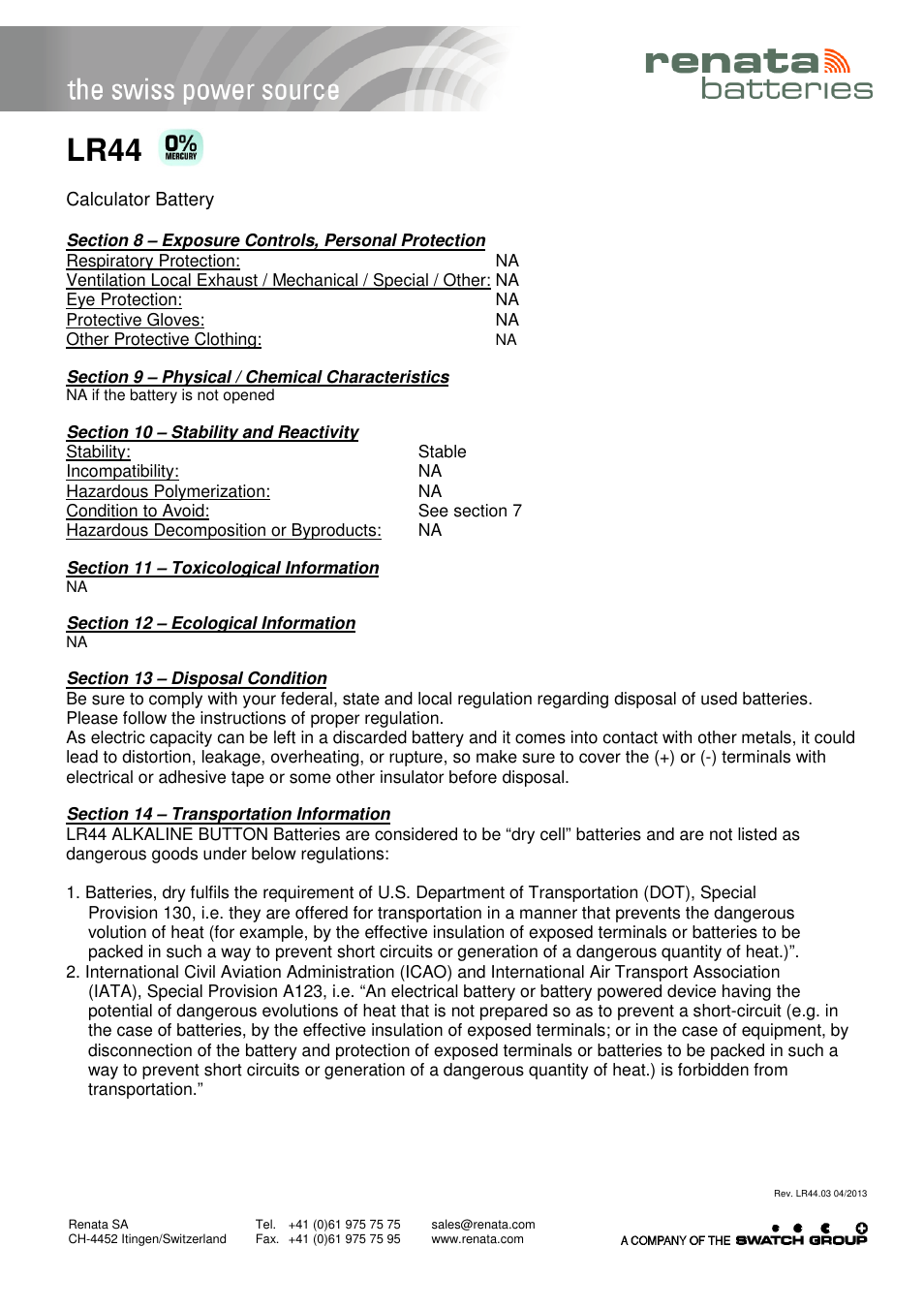 Lr44 | Renata SA Product Safety Datasheet Alkaline User Manual | Page 3 / 4