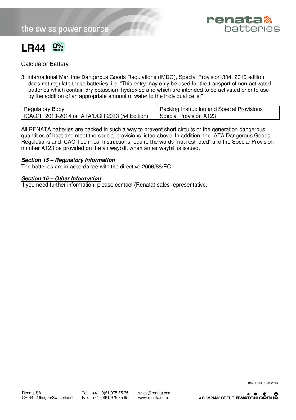 Lr44 | Renata SA Product Safety Datasheet Alkaline User Manual | Page 4 / 4