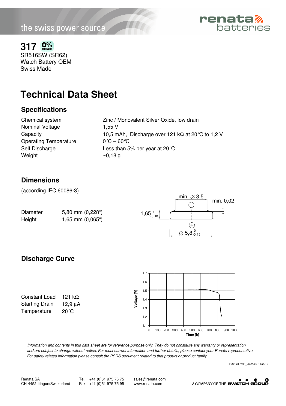 Renata SA 317 User Manual | 1 page