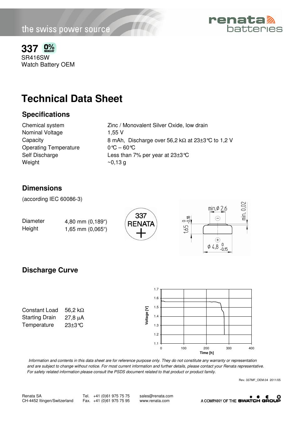 Renata SA 337 User Manual | 1 page