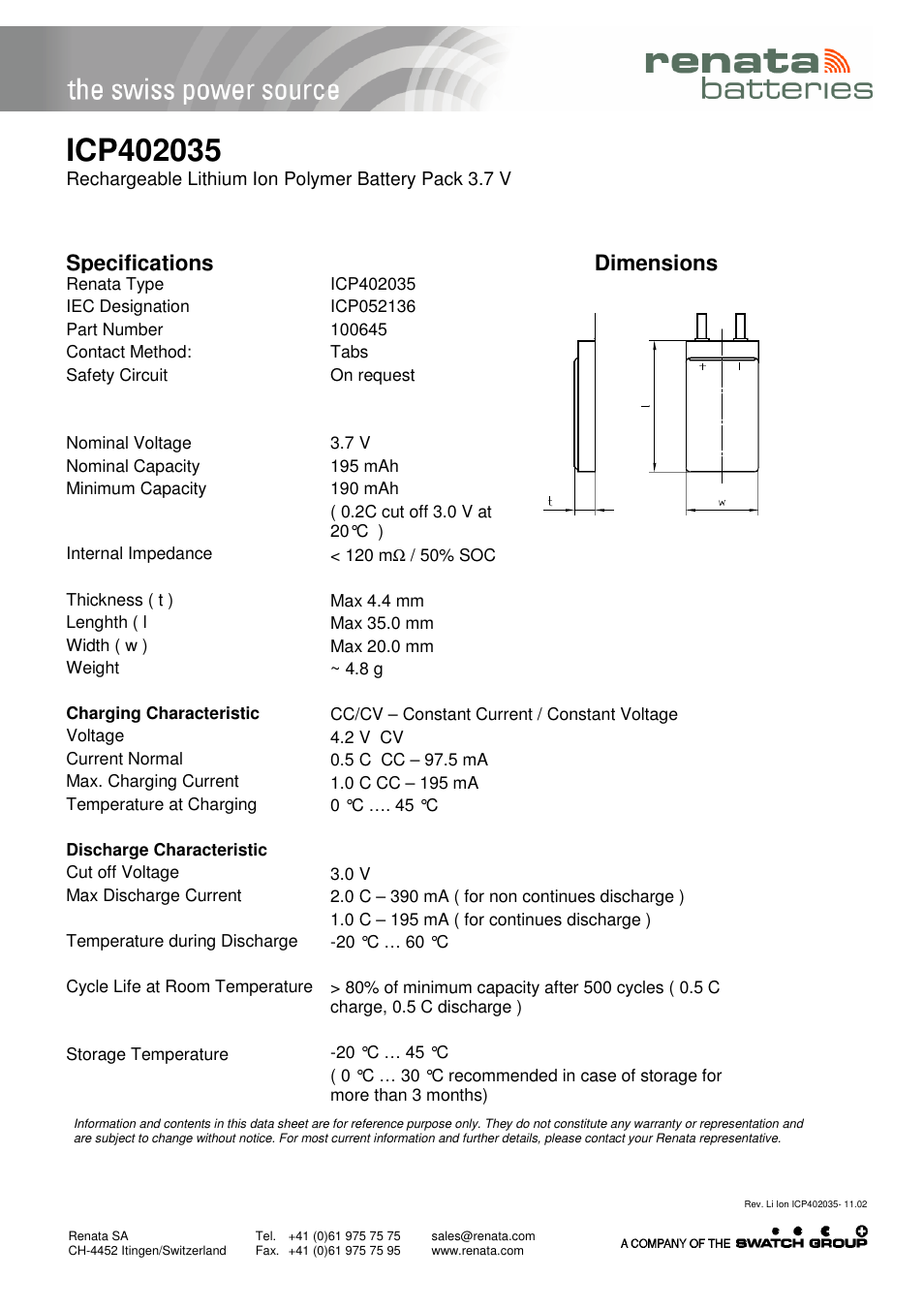 Renata SA ICP402035 User Manual | 1 page