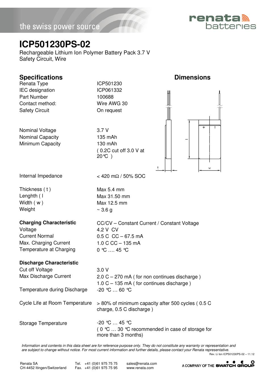 Renata SA ICP501230PS-02 User Manual | 1 page