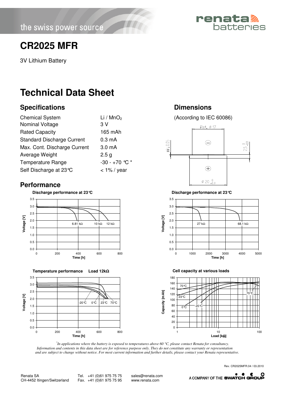 Renata SA CR2025MFR User Manual | 1 page