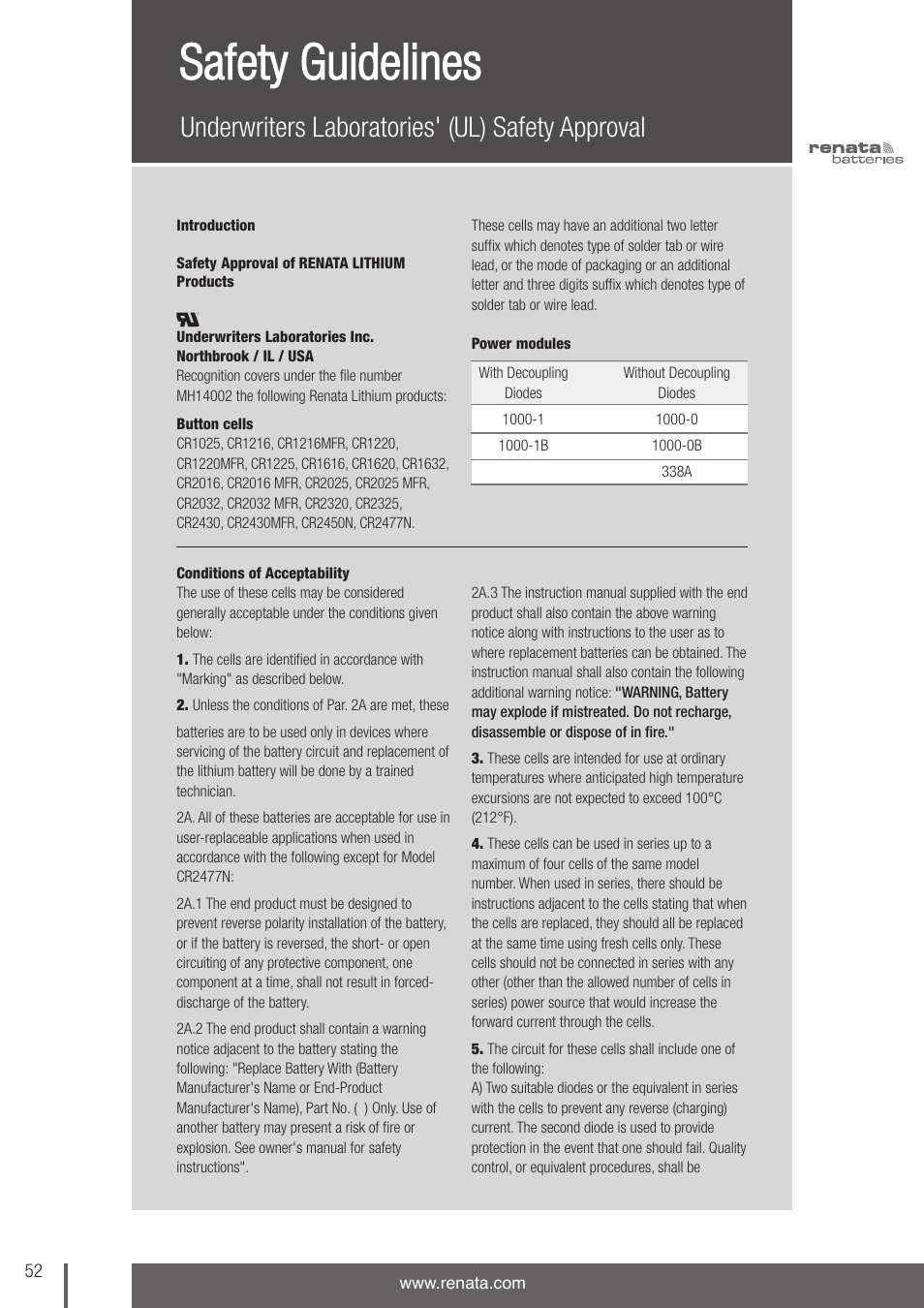 Safety guidelines, Underwriters laboratories' (ul) safety approval | Renata SA Safety Guidelines User Manual | Page 2 / 7