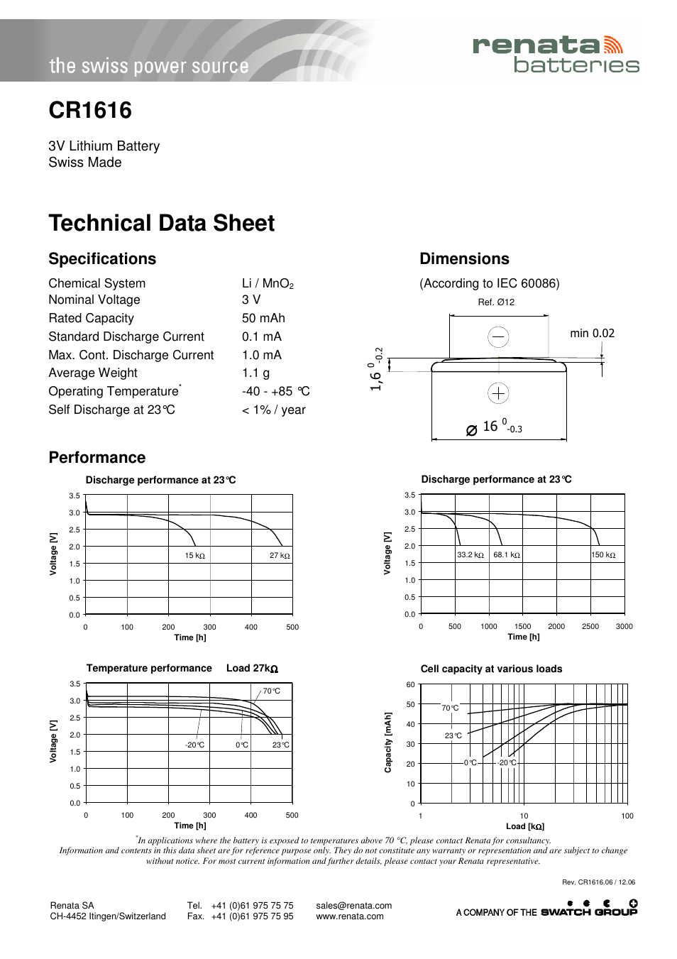 Renata SA CR1616 User Manual | 1 page