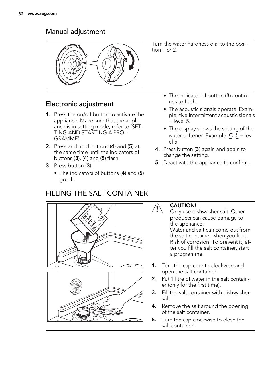 Manual adjustment, Electronic adjustment, Filling the salt container | AEG ELECTROLUX F 78029 VI 0 P User Manual | Page 32 / 84