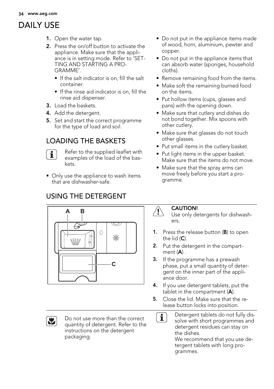 Daily use, Loading the baskets, Using the detergent | AEG ELECTROLUX F 78029 VI 0 P User Manual | Page 34 / 84