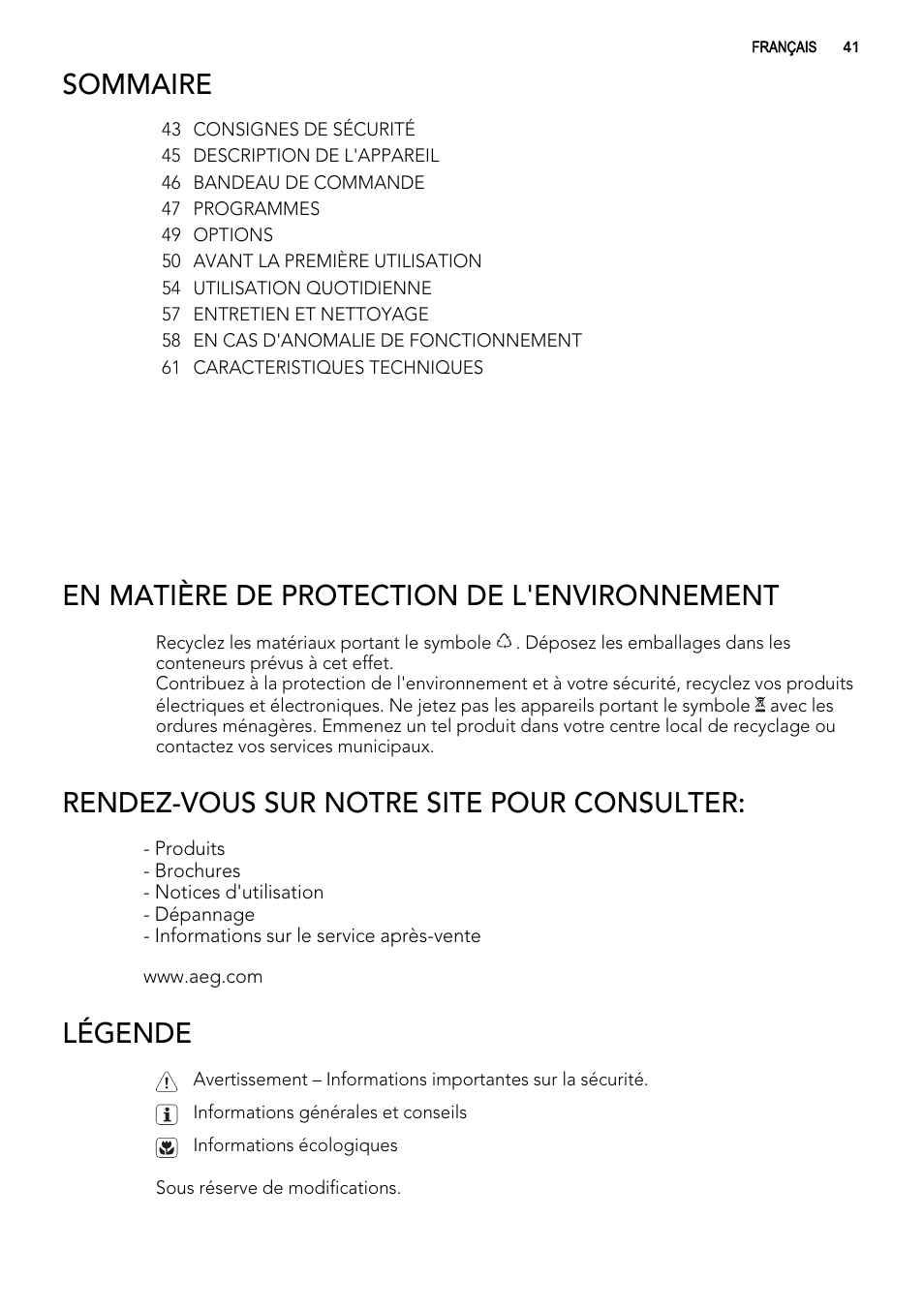 Sommaire, En matière de protection de l'environnement, Rendez-vous sur notre site pour consulter | Légende | AEG ELECTROLUX F 78029 VI 0 P User Manual | Page 41 / 84