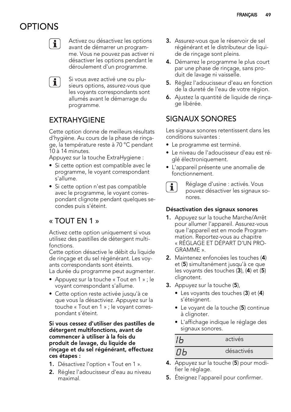 Options, Extrahygiene, Tout en 1 | Signaux sonores | AEG ELECTROLUX F 78029 VI 0 P User Manual | Page 49 / 84