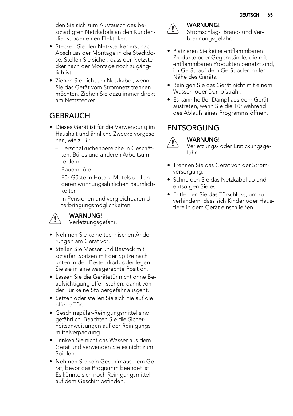 Gebrauch, Entsorgung | AEG ELECTROLUX F 78029 VI 0 P User Manual | Page 65 / 84