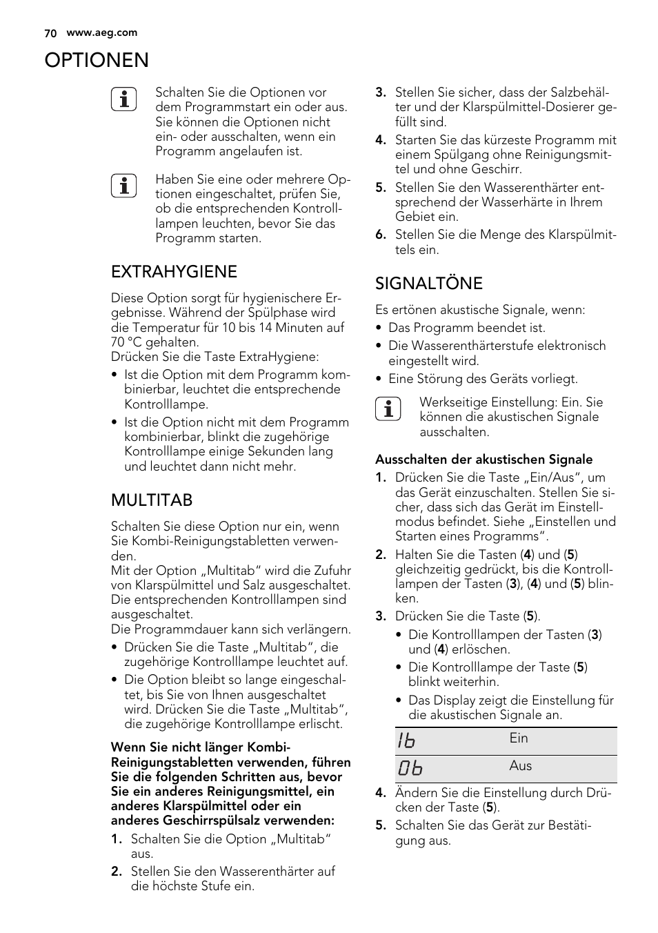 Optionen, Extrahygiene, Multitab | Signaltöne | AEG ELECTROLUX F 78029 VI 0 P User Manual | Page 70 / 84