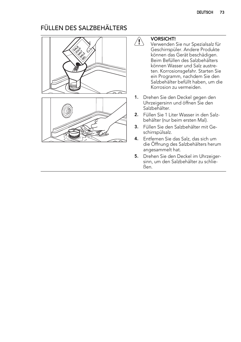 Füllen des salzbehälters | AEG ELECTROLUX F 78029 VI 0 P User Manual | Page 73 / 84