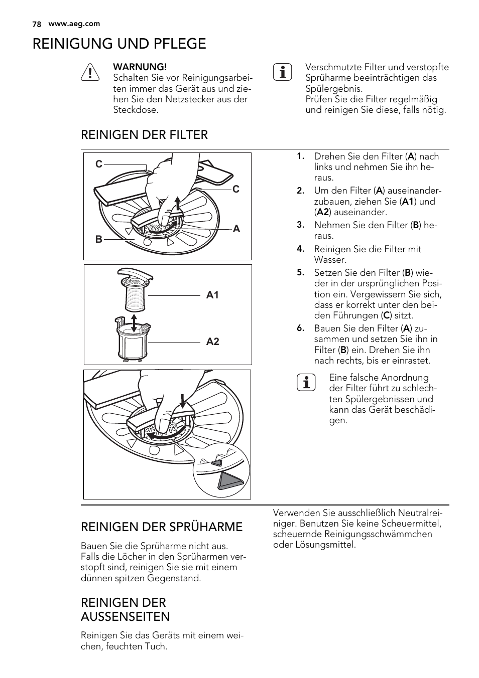 Reinigung und pflege, Reinigen der filter, Reinigen der sprüharme | Reinigen der aussenseiten | AEG ELECTROLUX F 78029 VI 0 P User Manual | Page 78 / 84