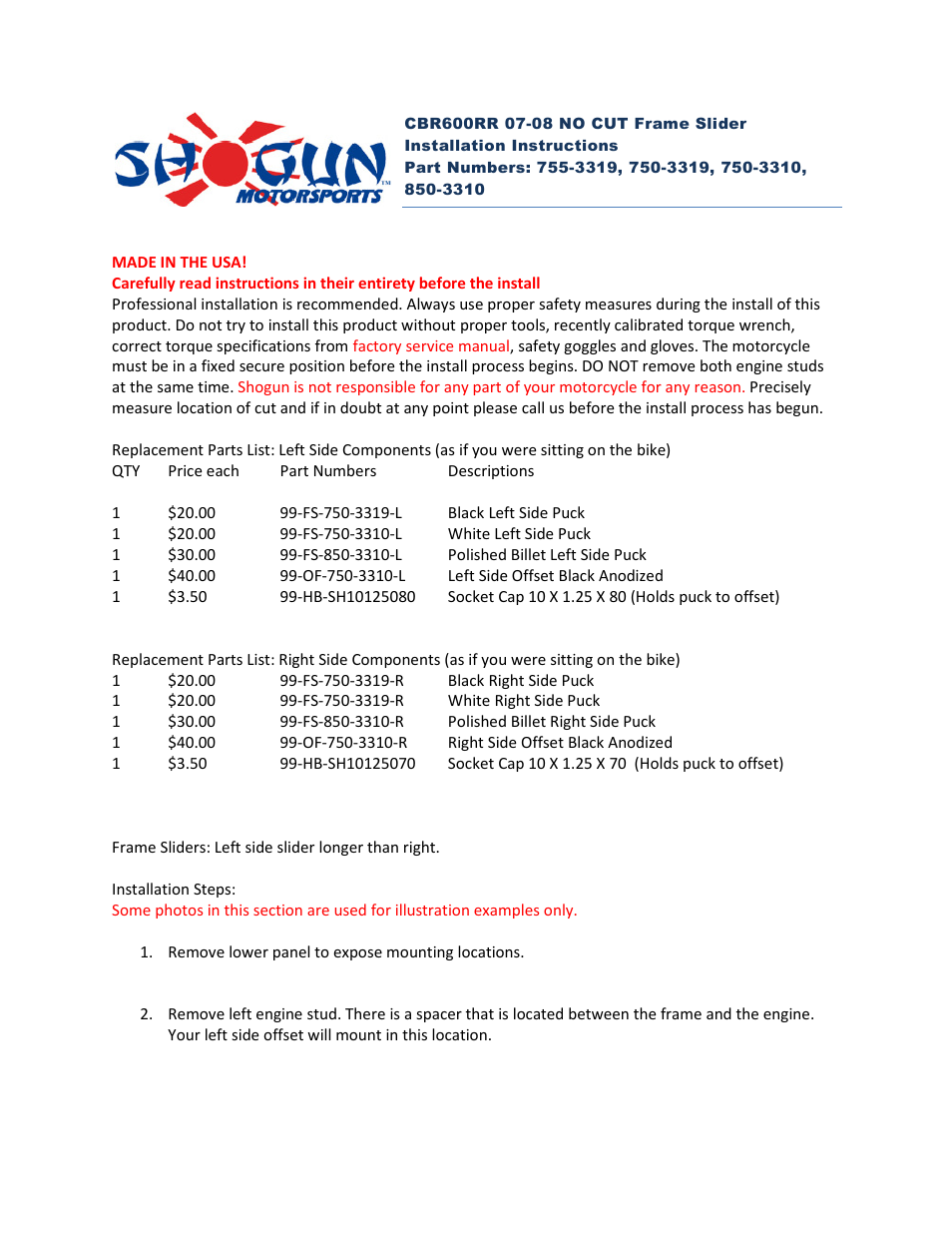 Shogun Motorsports Honda CBR600RR (07-08) NO CUT Frame Slider User Manual | 3 pages