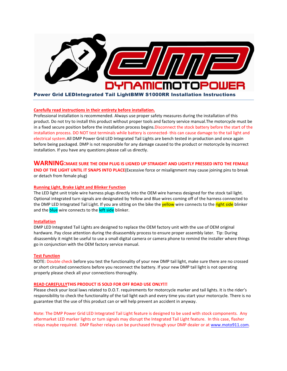 Shogun Motorsports DMP Power Grid LED Tail Light BMW S1000RR User Manual | 2 pages