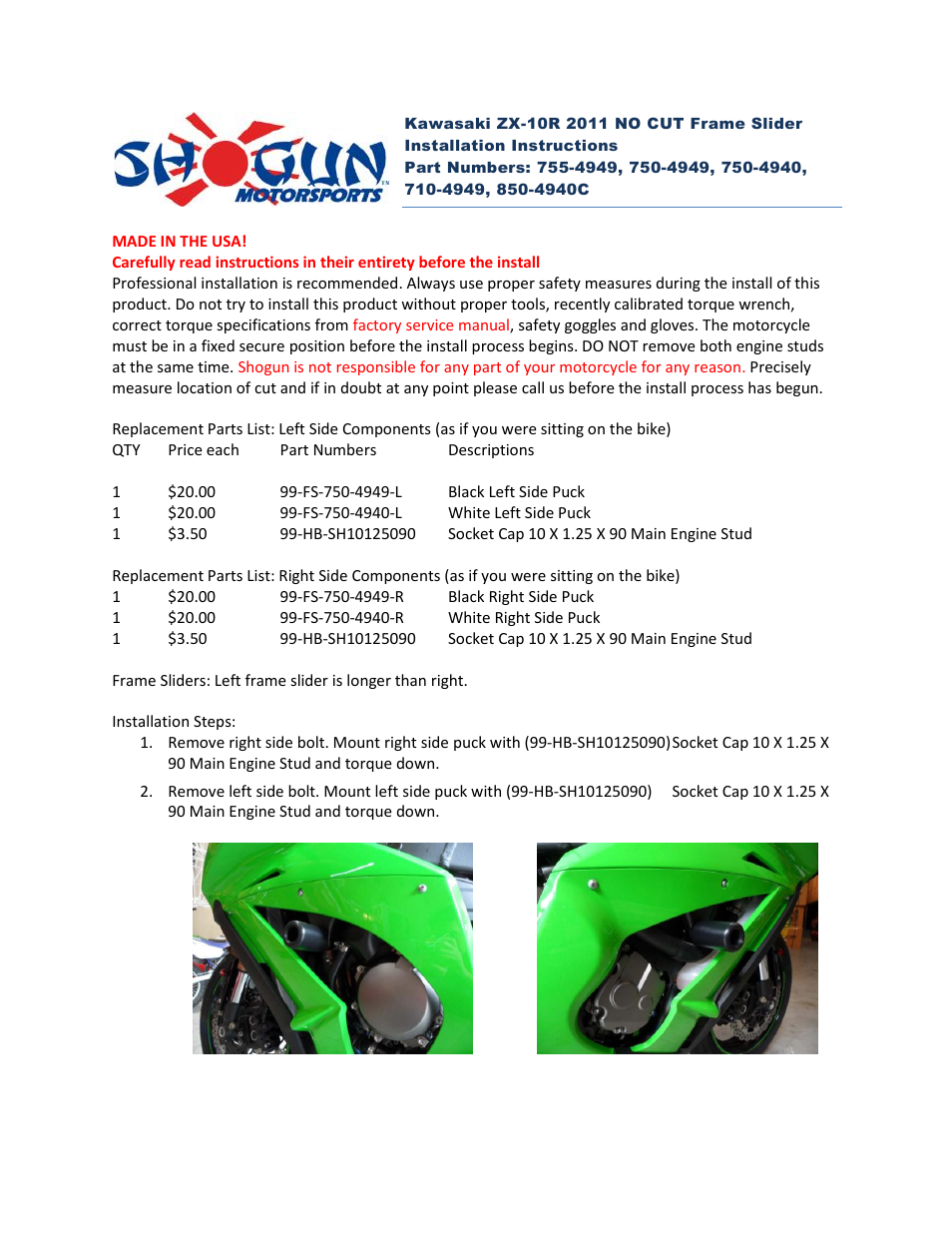Shogun Motorsports Kawasaki ZX-10R (2011) NO CUT Frame Slider User Manual | 2 pages