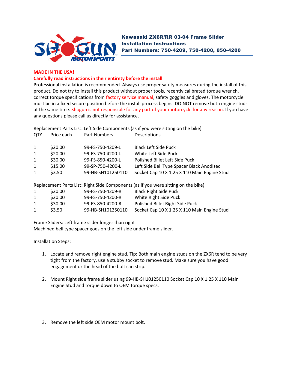 Shogun Motorsports Kawasaki ZX6R_RR (03-04) Frame Slider User Manual | 2 pages
