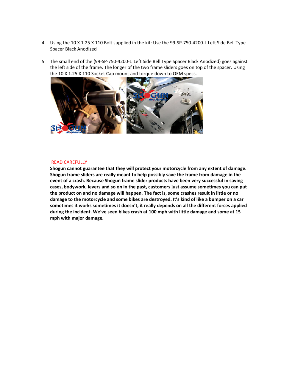 Shogun Motorsports Kawasaki ZX6R_RR (03-04) Frame Slider User Manual | Page 2 / 2