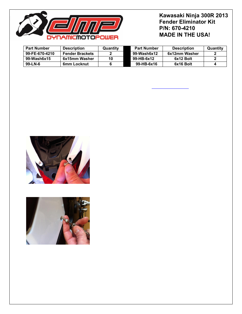 Shogun Motorsports Kawasaki Ninja 300R DMP Fender Eliminator Instructions User Manual | 8 pages