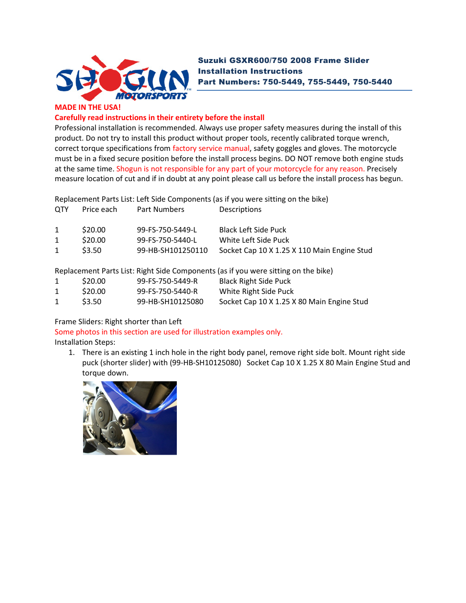 Shogun Motorsports Suzuki GSXR600_750 (2008) Frame Slider User Manual | 4 pages