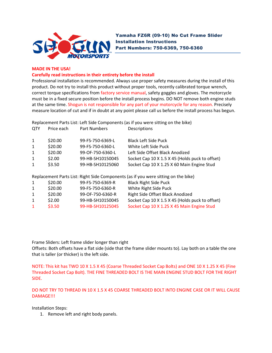 Shogun Motorsports Yamaha FZ6R (09-10) NO CUT Frame Slider User Manual | 2 pages