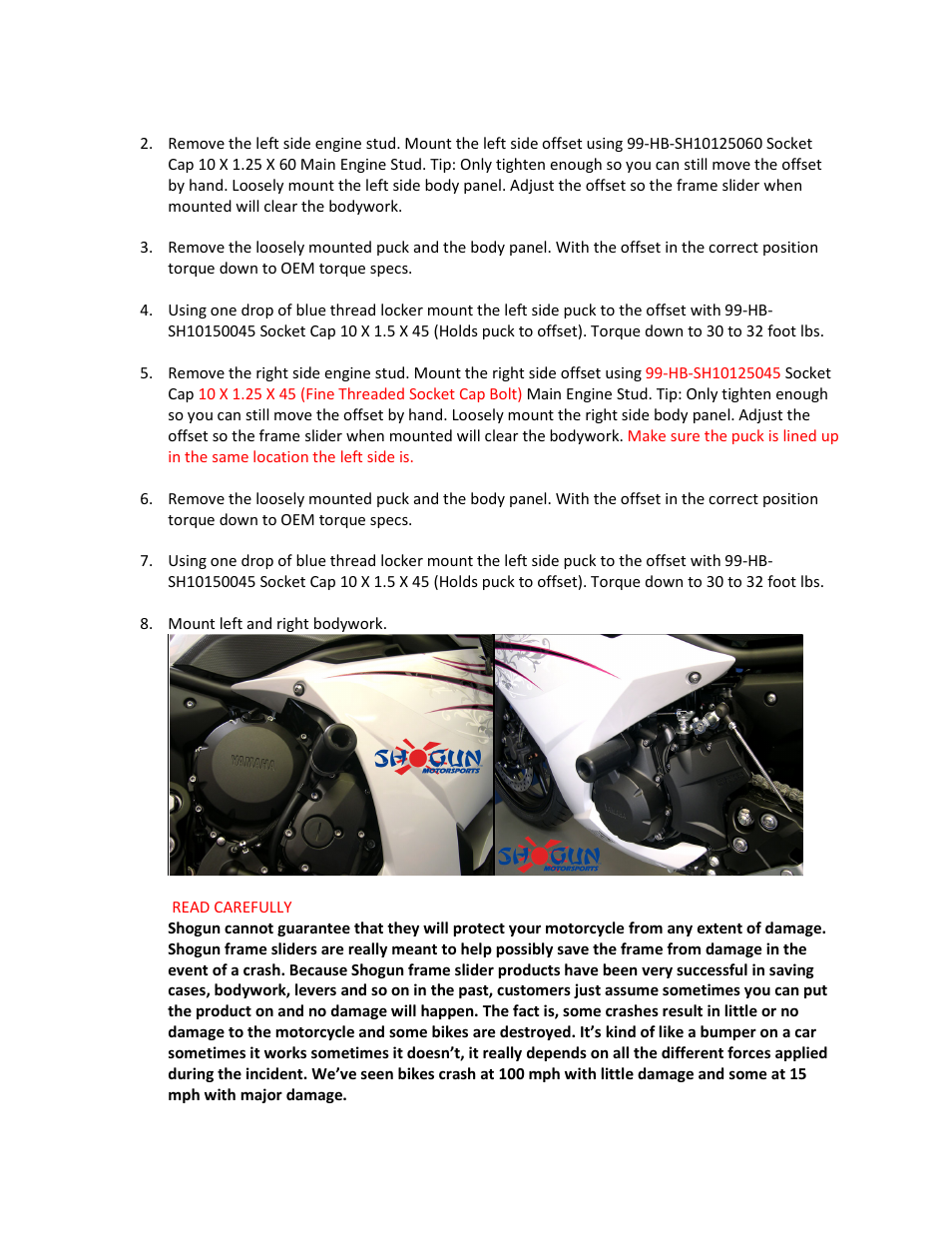 Shogun Motorsports Yamaha FZ6R (09-10) NO CUT Frame Slider User Manual | Page 2 / 2