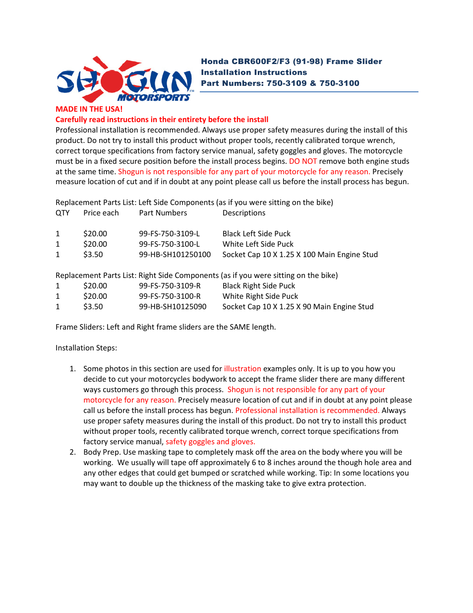 Shogun Motorsports Honda CBR600F2_F3 (91-98) Frame Slider User Manual | 4 pages