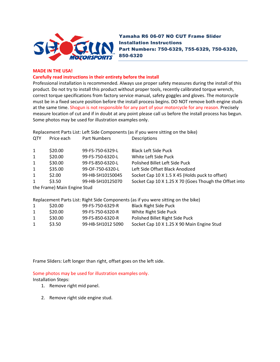 Shogun Motorsports Yamaha R6 (06-07) NO CUT Frame Slider User Manual | 2 pages