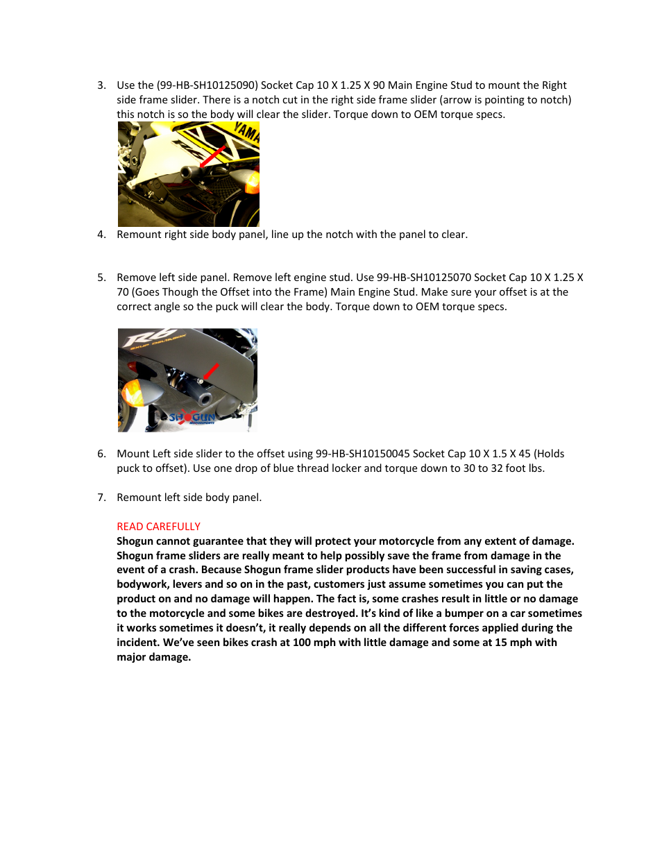 Shogun Motorsports Yamaha R6 (06-07) NO CUT Frame Slider User Manual | Page 2 / 2
