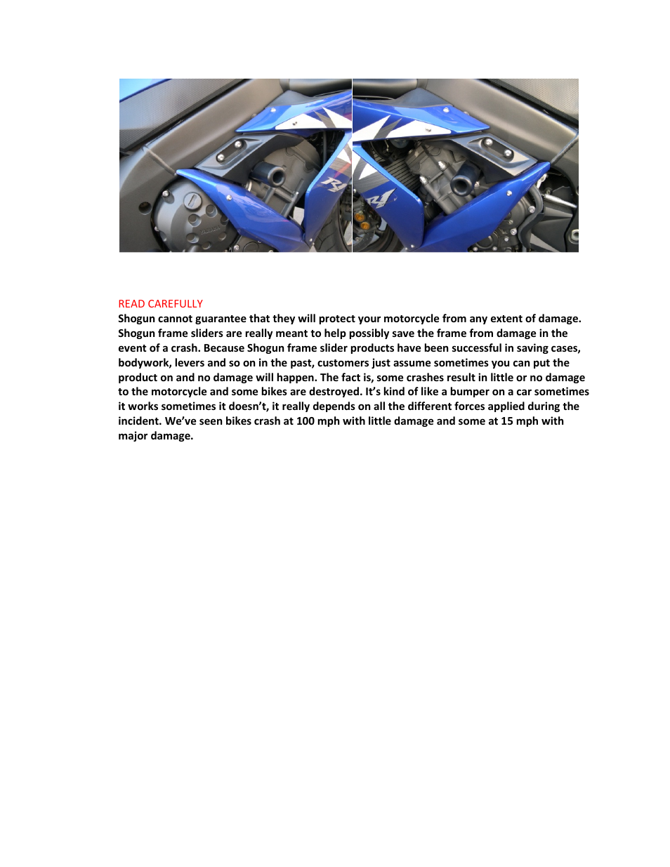 Shogun Motorsports Yamaha R1 (04-06) NO CUT Frame Slider User Manual | Page 2 / 2