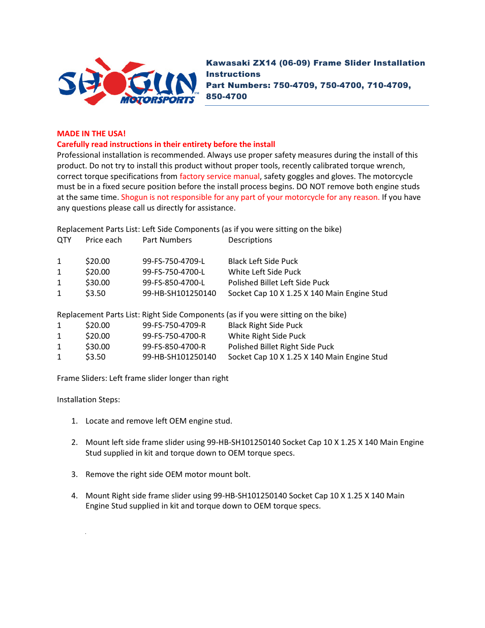 Shogun Motorsports Kawasaki ZX14 (06-09) Frame Slider User Manual | 2 pages