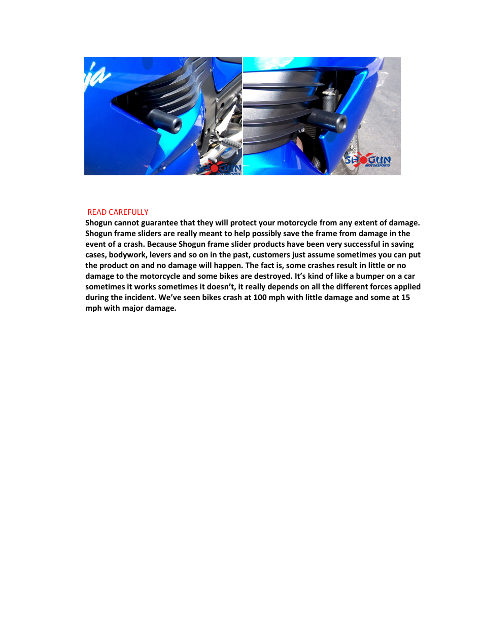 Shogun Motorsports Kawasaki ZX14 (06-09) Frame Slider User Manual | Page 2 / 2
