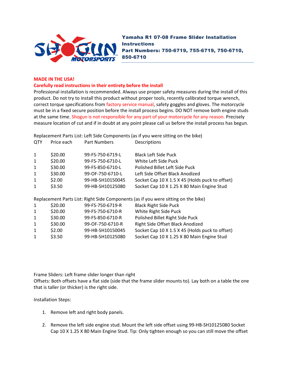 Shogun Motorsports Yamaha R1 (07-08) Frame Slider User Manual | 3 pages