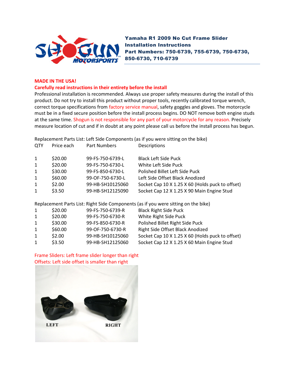 Shogun Motorsports Yamaha R1 (2009) No Cut Frame Slider User Manual | 3 pages