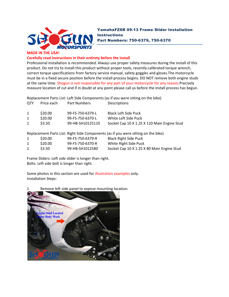 Shogun Motorsports Yamaha FZ6R (09-13) Frame Slider User Manual | 5 pages