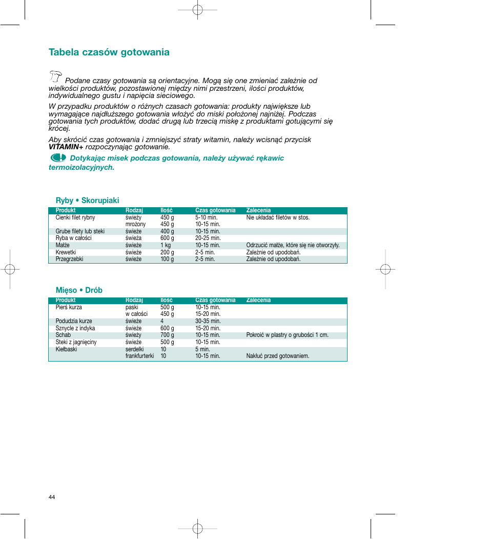 Tabela czasów gotowania, Ryby • skorupiaki, Mięso • drób | Tefal VC 4003 User Manual | Page 45 / 52