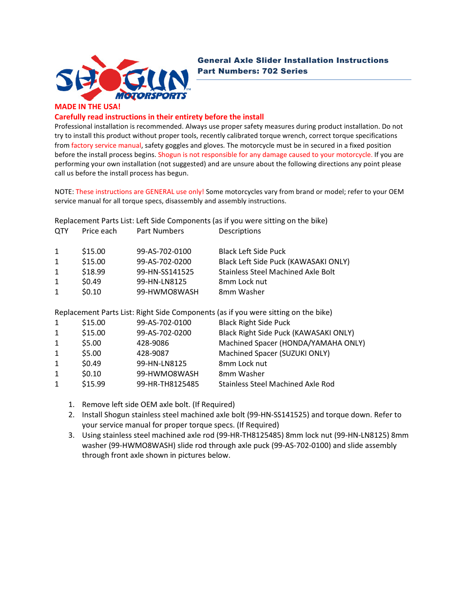 Shogun Motorsports Suzuki GSXR1000 (05-11) Axle Slider User Manual | 3 pages