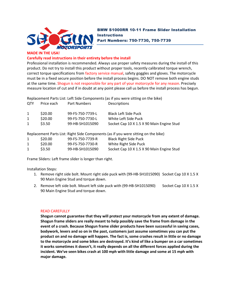 Shogun Motorsports BMW S1000RR (10-11) NO CUT Frame Slider User Manual | 1 page