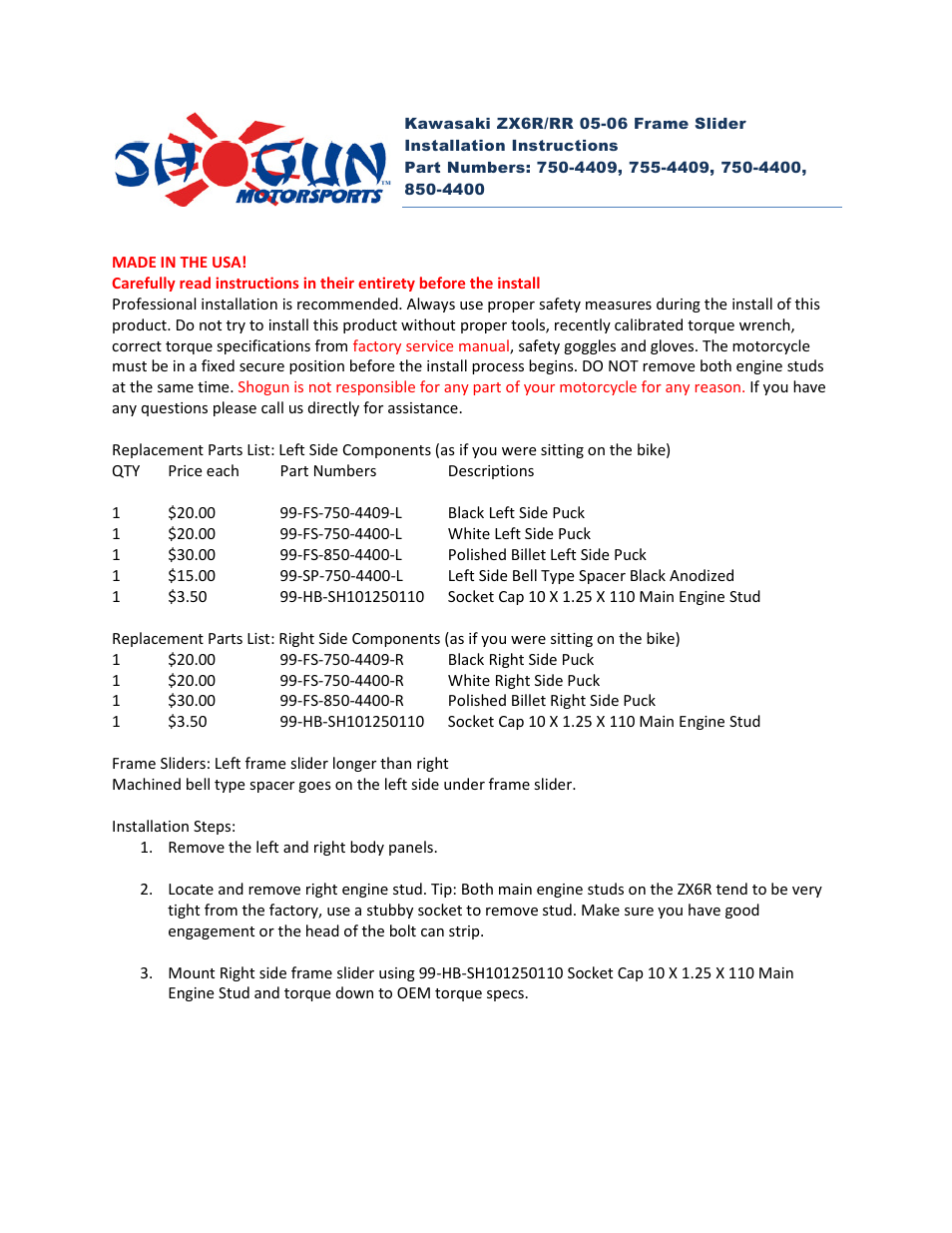 Shogun Motorsports Kawasaki ZX6R_RR (05-06) Frame Slider User Manual | 3 pages