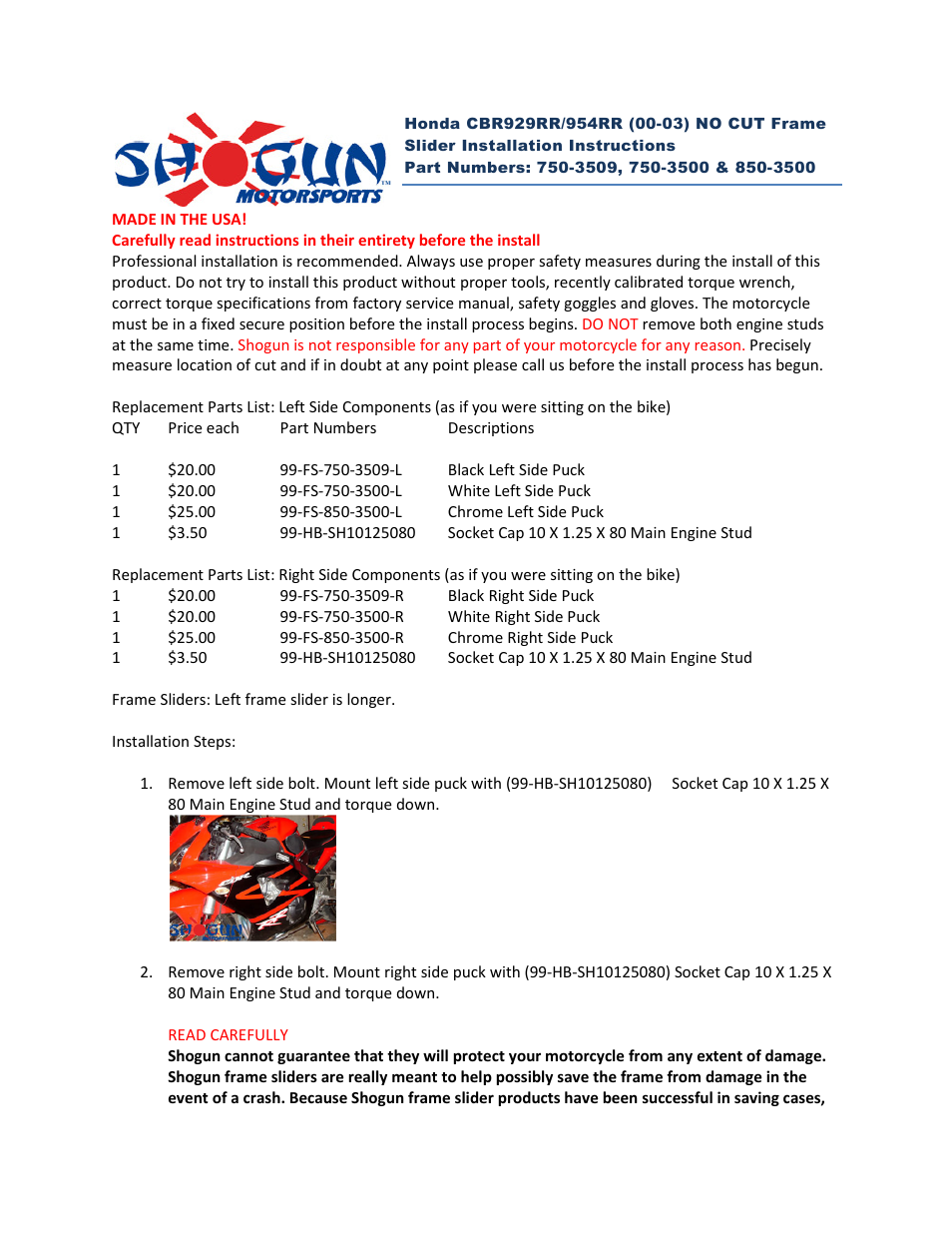 Shogun Motorsports Honda CBR929RR_954RR (00-03) NO CUT Frame Slider User Manual | 2 pages