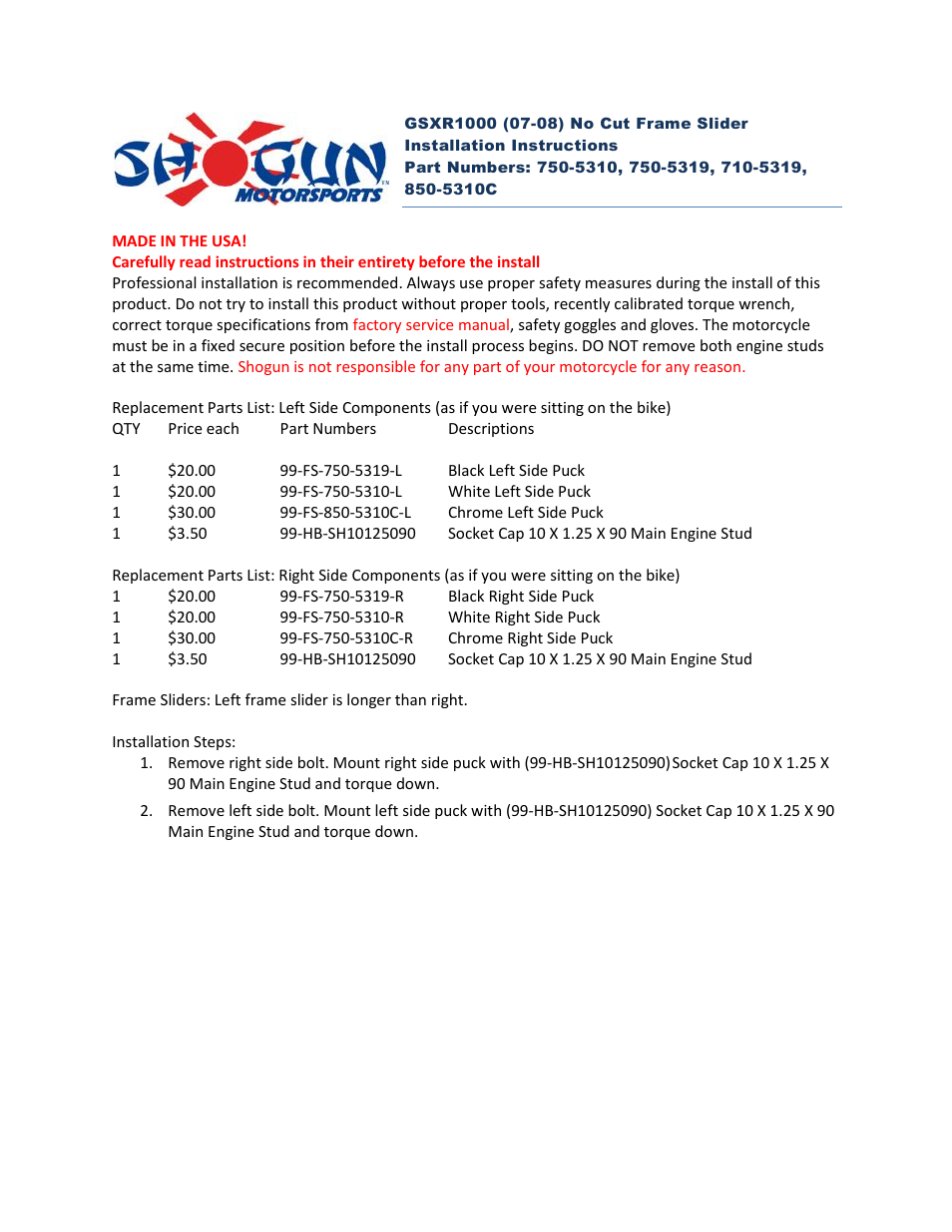 Shogun Motorsports Suzuki GSXR1000 (07-08) No Cut Frame Slider User Manual | 2 pages