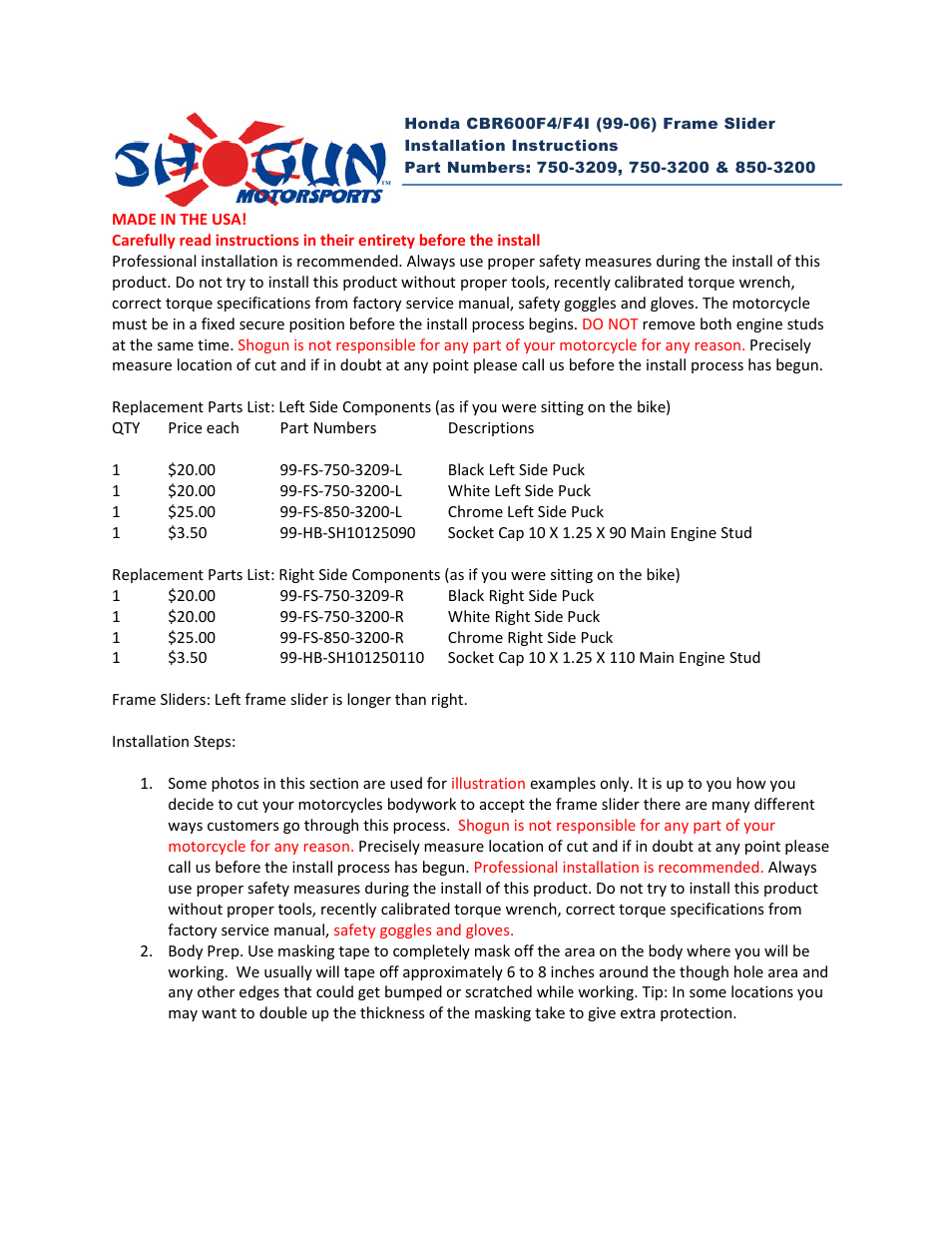 Shogun Motorsports Honda CBR600F4_F4I (99-06) Frame Slider User Manual | 4 pages
