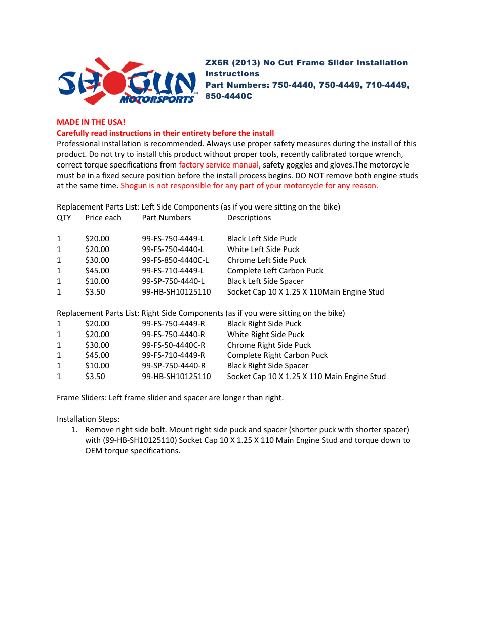 Shogun Motorsports Kawasaki ZX6R (2013) No Cut Frame Slider User Manual | 2 pages