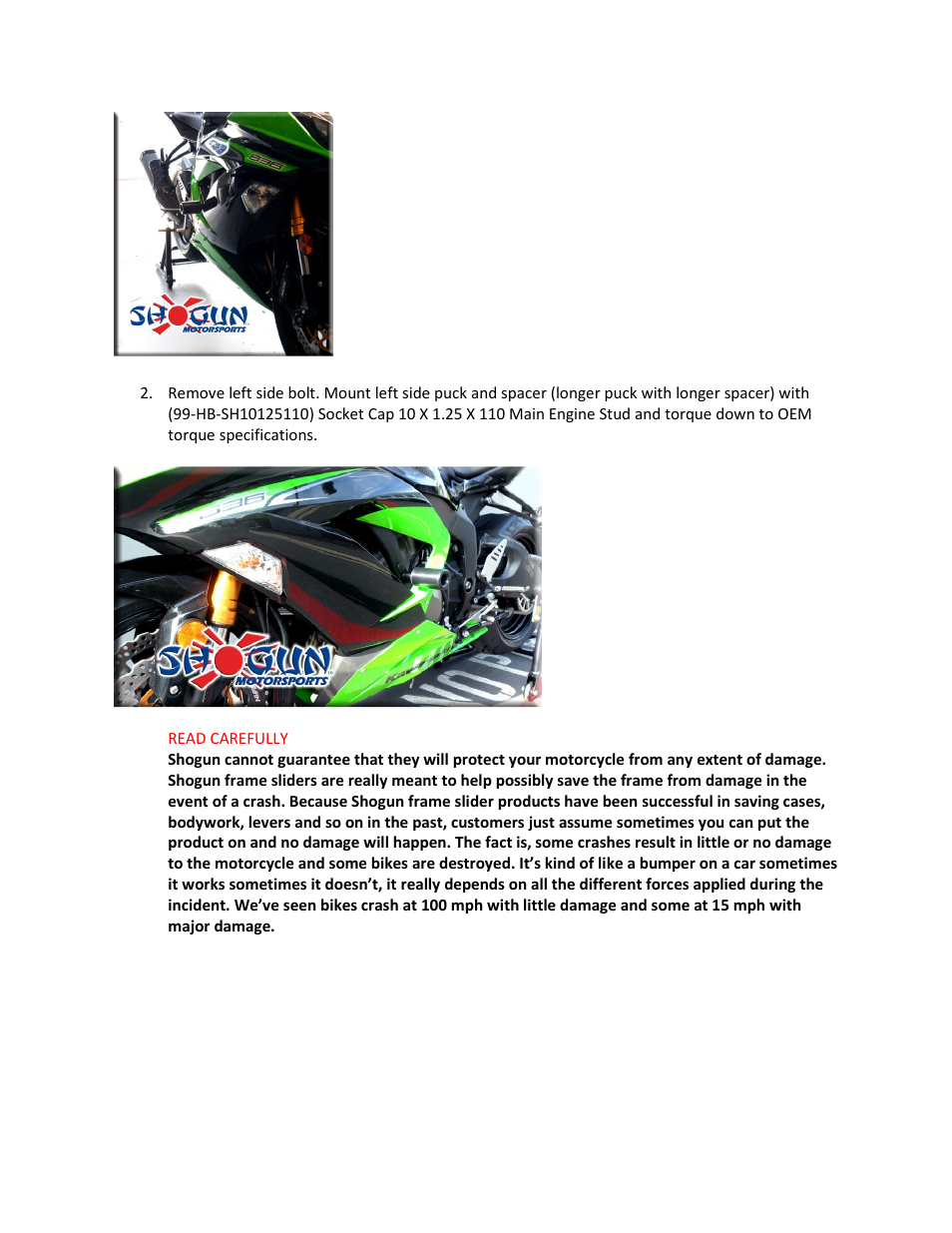 Shogun Motorsports Kawasaki ZX6R (2013) No Cut Frame Slider User Manual | Page 2 / 2