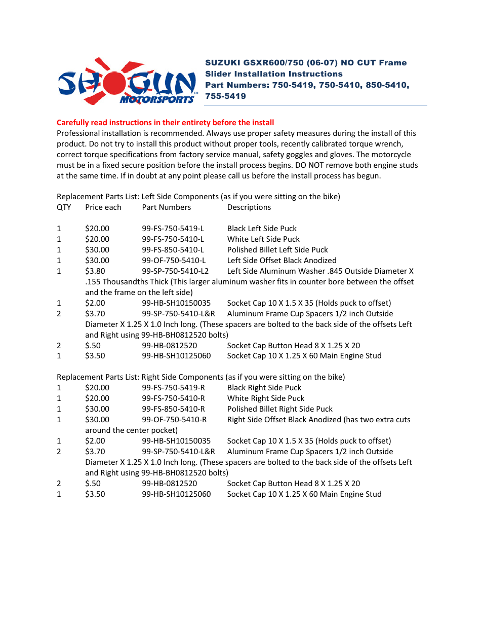 Shogun Motorsports Suzuki GSXR600_750 (06-07) NO CUT Frame Slider User Manual | 3 pages