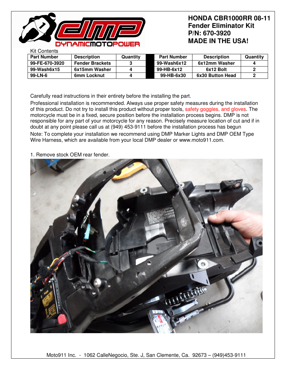 Shogun Motorsports Honda CBR1000RR (08-11) DMP Fender Eliminator Instructions User Manual | 6 pages