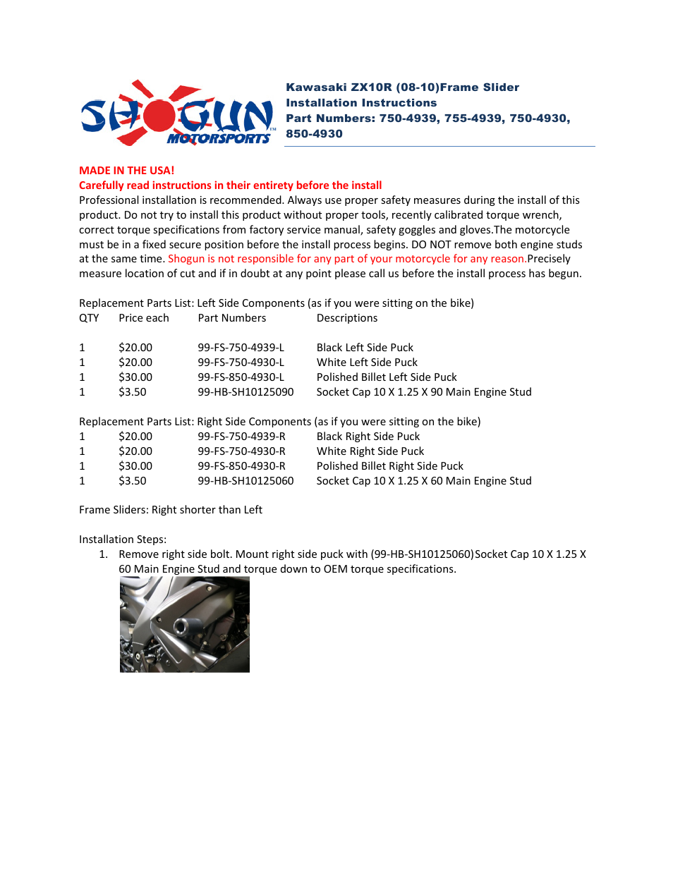 Shogun Motorsports Kawasaki ZX10R (08-10) Frame Slider User Manual | 5 pages