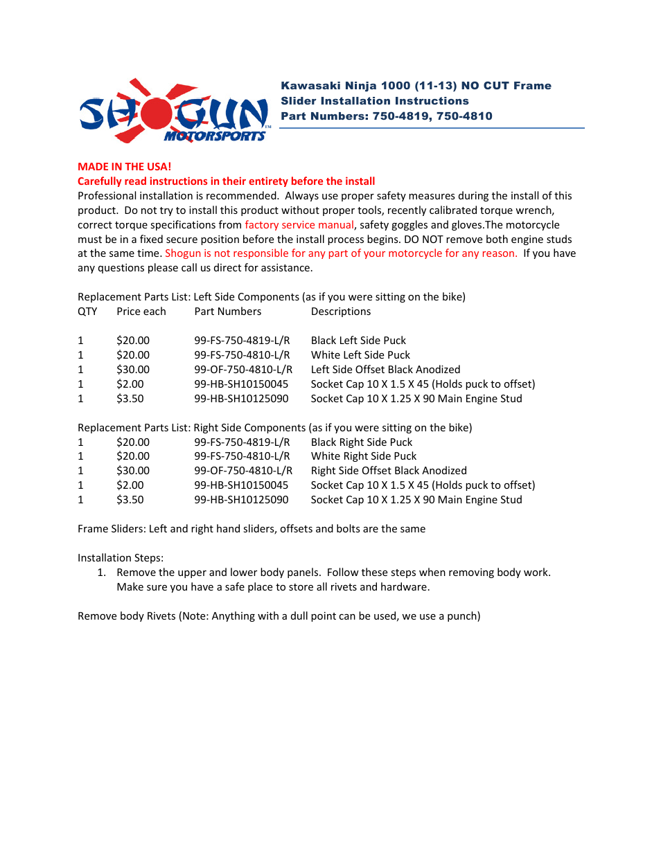 Shogun Motorsports Kawasaki Ninja 1000 (11-13) NO CUT Frame Slider User Manual | 4 pages